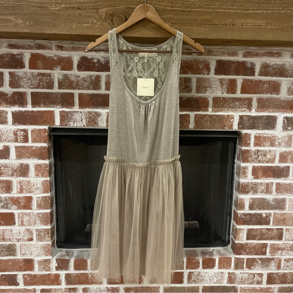 a’reve Beige Taupe Lace Back Tulle Tank Dress Sz L